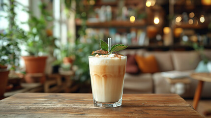 Ice coffee in a tall glass with cream poured over and coffee beans. Cold summer drink on a blurred background. Iced coffee in a transparent glass with ice and milk