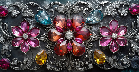 Cut gemstones and enamel mounted on silver metal in a flower pattern.