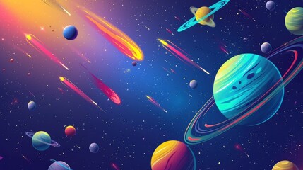 Illustration outer space colorful planets and speeding comets cartoon style background. Generated AI