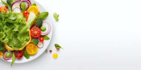 Fresh vegetable salad. Vegetarian food with white background and copyspace. Healthy food background. For banner, flyer, advertising, wallpaper.
