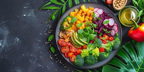 backgrounds for a health specialist, salad on a round plate of healthy and colorful vegan food.