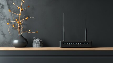 Wi-Fi router on black wooden table in room. Space for text  - obrazy, fototapety, plakaty