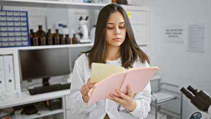 Beautiful young hispanic female scientist engrossed in reading a book, focusing her professional knowledge indoors a chemistry laboratory, enhancing her research analysis skills.