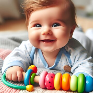 Joyful Baby Playing With Colorful Toys On A Soft Blanket Indoors