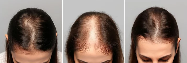 Foto op Plexiglas Woman with hair loss problem before and after treatment on grey background, collage. Visiting trichologist © Zahid