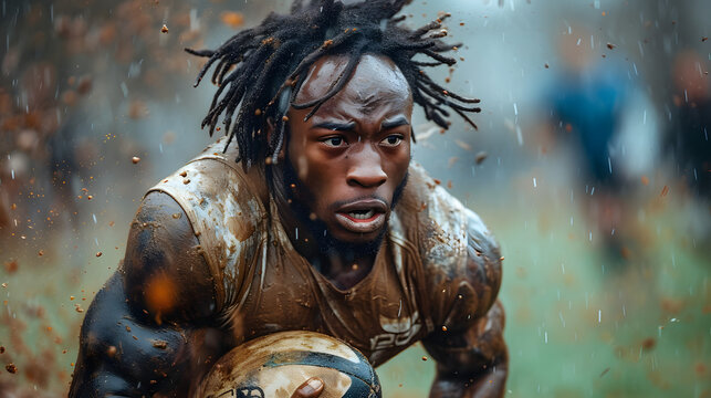 an african aggressive rugby player on the pitch screaming, he is holding a rugby ball, 