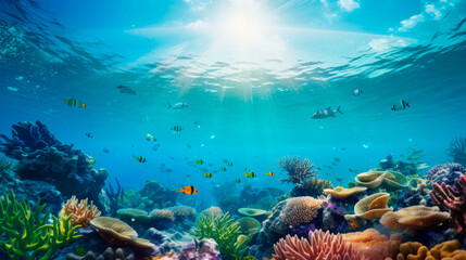 Naklejka na ściany i meble A tranquil underwater landscape rich in diverse coral colorful reefs and teeming with marine life with schools of fish in the marine ocean. biodiversity of ocean life. Environmental conservation