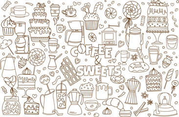 Doodles On The Theme Of Cafe - Coffee And Sweets, Are Stress-Relief Coloring Page Illustrations Featuring Vector Images Of Coffee, Cakes, And Sweets