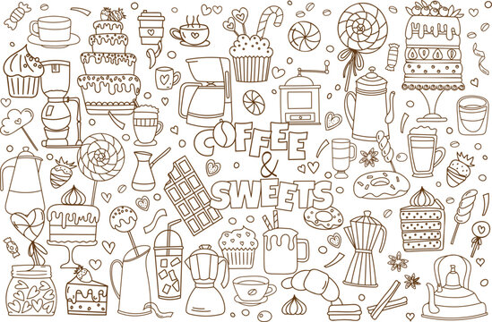 Doodles On The Theme Of Cafe - Coffee And Sweets, Are Stress-Relief Coloring Page Illustrations Featuring Vector Images Of Coffee, Cakes, And Sweets
