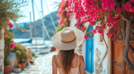 Woman Wearing Hat Walking Down a Street at the Greek seashore 