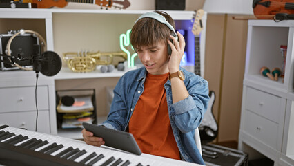 A young man listens to music on headphones while holding a tablet in a home studio surrounded by musical instruments.