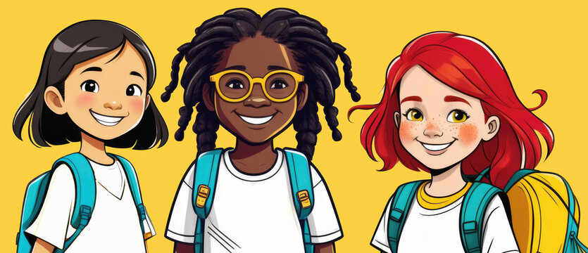 Portrait of happy smiling girls with backpacks.  illustration. Asian, African and European kids on a yellow background, happy beautiful schoolgirls.