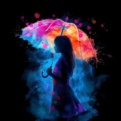 Girl holding an umbrella with flowers which glows colors watercolor paint