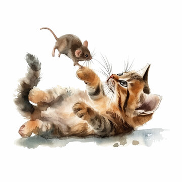  Kitty playing with mouse watercolor paint
