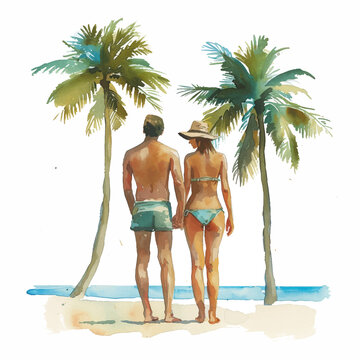 ouple on the beach with palms watercolor paint