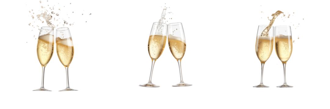 Two champagne glasses clinking with champagne sparklers. Transparent background