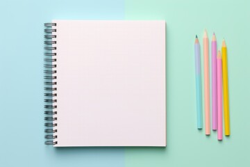 WHITE sheet of notebook and pencil mockup. pastel background. List, notes, daily routine. notebook