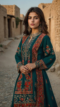 Portrait of Beautiful Young Persian Middle Eastern Woman in a Village in Iran Wearing Traditional Dress
