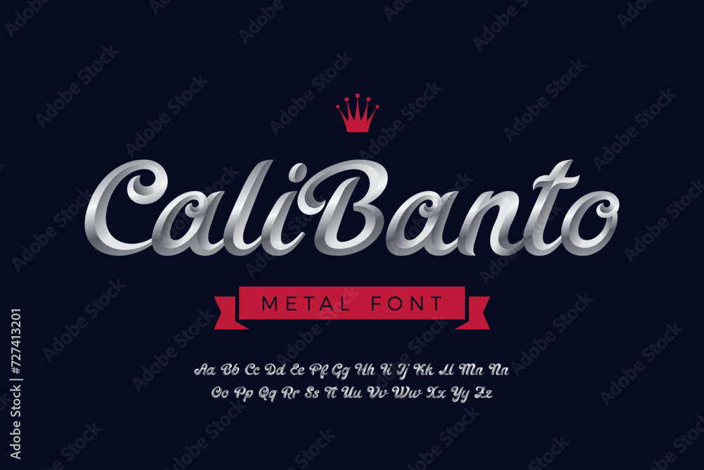 Wall mural 3D Metallic Calligraphic Script Font Vector Design. Lettering Calligraphy Trending Typeface Color Gradient Metal Steel.