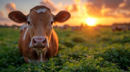 a domestic cow grazing in a field