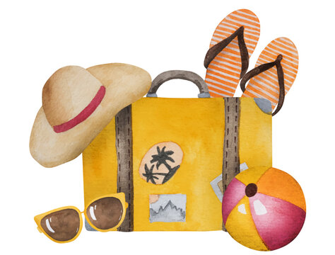 Vector Hand-Drawn Illustration Of Suitcase, Beach Slippers, Sunglasses, Ball, And Hat For Vacation Clipart On White Background