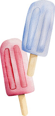 Hand-Drawn Image Of A Summer-Themed Watercolor Illustration Featuring Blue And Pink Ice Cream Clipart On A White Background