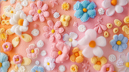 Assortment of felt flowers and decorative patterns in pastel colors