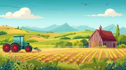  Illustration agriculture and Farming landscape with tractor cartoon style. Generated AI image © Leafart