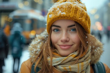 A woman radiates warmth and style as she smiles confidently in her yellow hat and scarf, braving the chilly winter streets with her fashionable headgear and knit cap