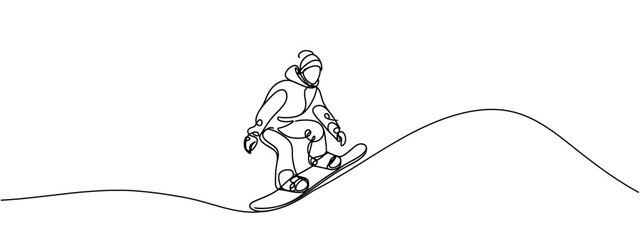 Continuous line snowboarder jumps, extreme and winter sport theme