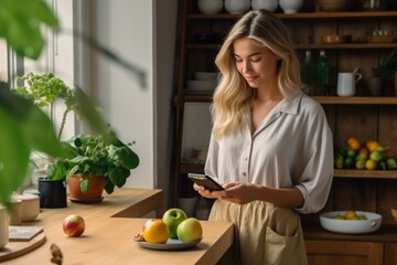 A woman makes an online order for groceries from the Internet. A girl is looking at recipes on her phone. Proper nutrition.