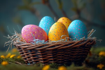 A vibrant basket filled with hand-painted easter eggs, ready to be hidden and hunted in the lush outdoor scenery