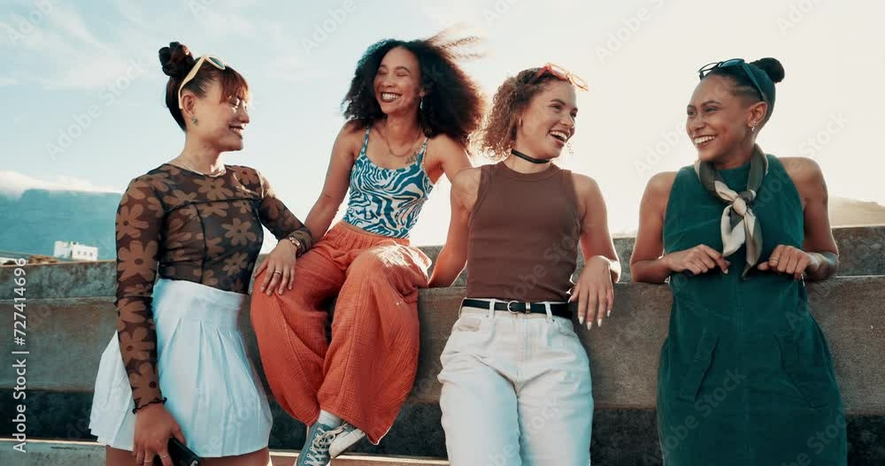 Sticker Happy, laugh and women friends in city with funny conversation, joke or humor while bonding. Relax, chilling and gen z group of people outdoor with chat, support or speaking, vacation or hanging out