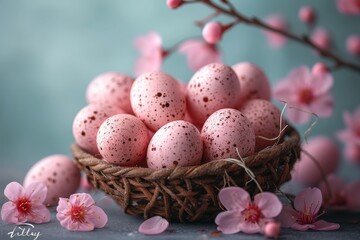 Obraz na płótnie Canvas A delicate arrangement of pastel pink speckled eggs nestled amongst vibrant easter flowers and lush greenery, evoking a sense of new beginnings and the beauty of nature's aerie