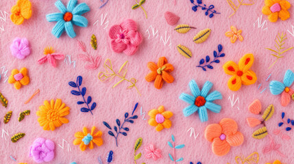 Vibrant embroidery patterns with various flowers on felt background