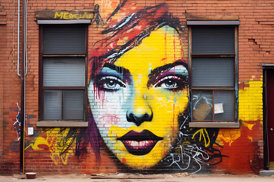 Urban vibe: graffiti textures and colorful street art on distressed brick walls