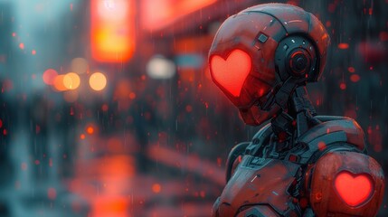 Robot w deszczu z sercem na twarzy i zbroi metalowej.