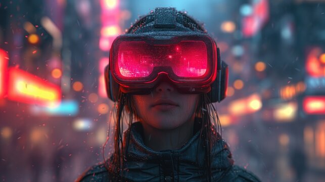 Kobieta nosząca parę r&oacute;żowych gogle VR w środku miasta z neonowymi bilbordami.