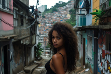 Enigmatic woman with voluminous curls looks back in a favela setting, her poise contrasting with the dense urban landscape behind her.