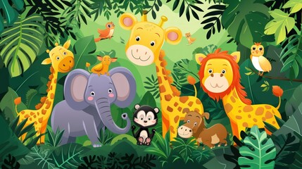 Obraz na płótnie Canvas Group safari Jungle funny cartoon animals forest in cartoon style. Generated AI image