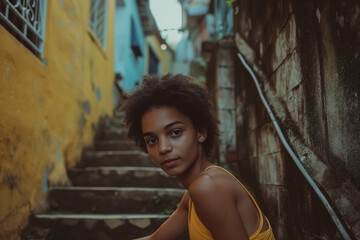 Fototapeta premium Introspective young woman in yellow, seated on favela stairs, urban texture backdrop.