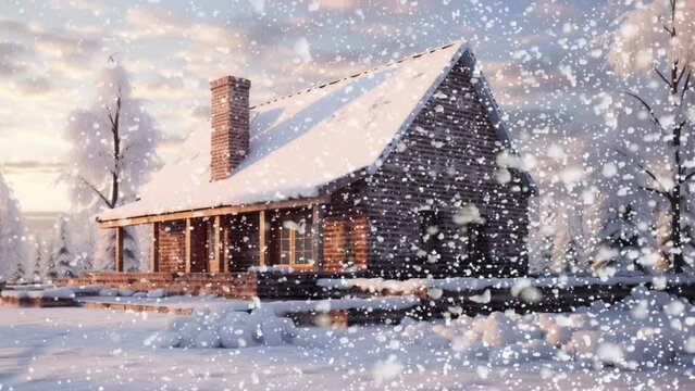 Winter construction of an unfinished home with a roof, made of silicate bricks.