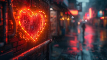 Neonowe serce oświetlone na bocznej ścianie budynku, podczas tematycznej sesji zdjęciowej związanej z walentynkami, kochaniem i romansem.