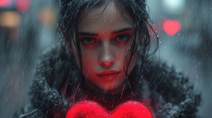 Kobieta trzymająca serce na zewnątrz podczas deszczu. - obrazy, fototapety, plakaty