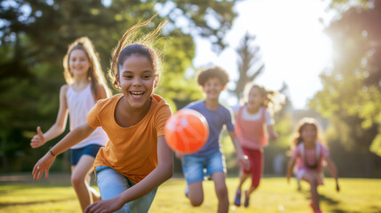 A group of children laugh and play in a sunlit park, chasing after a bouncing ball.