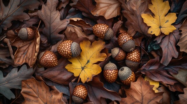 Autumnal close up of ripe acorns and oak leaves on the woodland ground of Wimbledon Common 