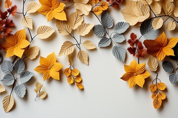 Autumn leaves background with with copy space in a variety of foliage in warm tones