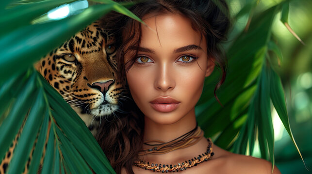 Beautiful tanned woman with a leopard in a tropical forest.