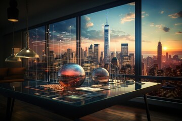Double exposure of a business graph superimposed onto the panoramic window of a corporate office