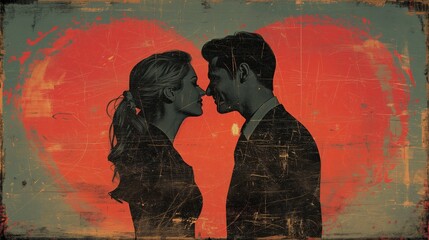 Obraz retro przedstawiający miłość i romans pary mężczyznę i kobietę stojących naprzeciwko siebie na tle serca - obrazy, fototapety, plakaty